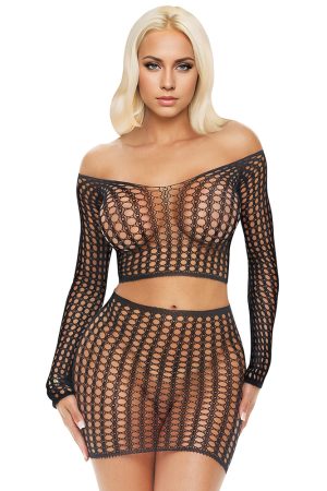Long Sleeve Fishnet Crop Top & Mini Skirt Set